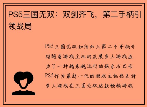PS5三国无双：双剑齐飞，第二手柄引领战局