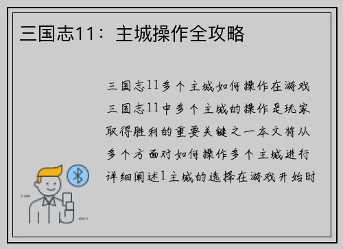 三国志11：主城操作全攻略